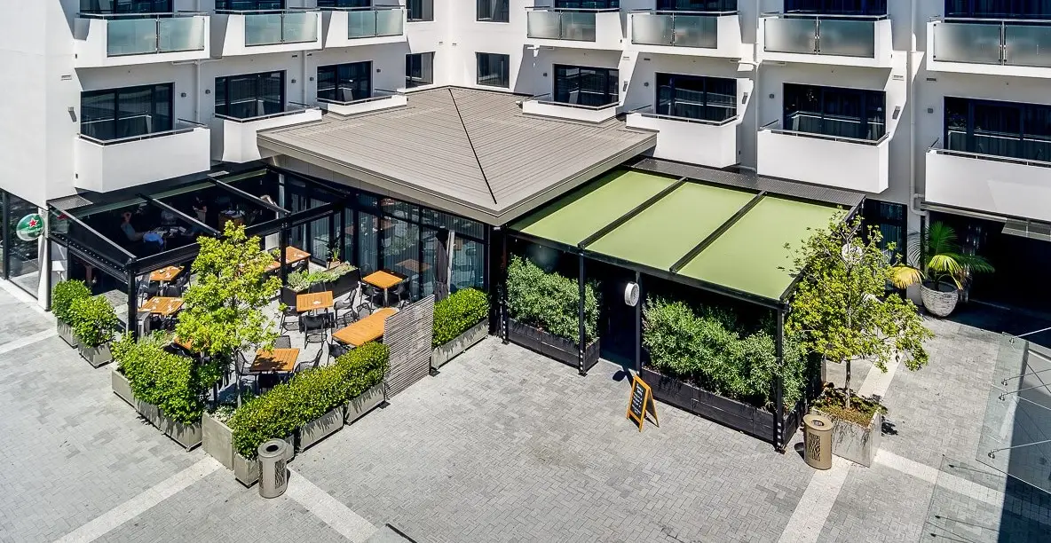 Aerial view of the covered dining space at Malo and Smith & Sheth, Havelock North