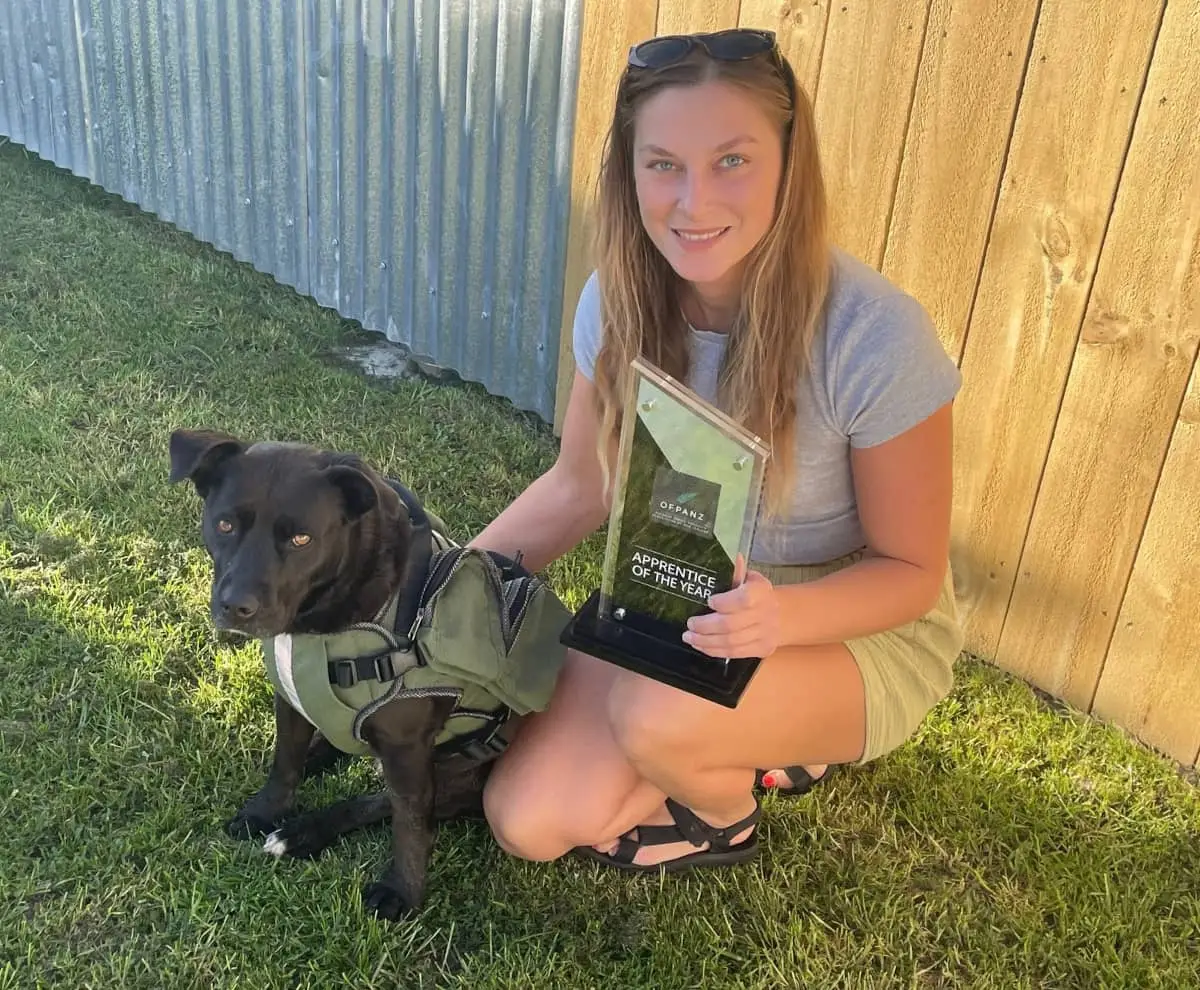 Industrial Textile Upholstery Apprentice of the Year Georgie from Douglas Innovation in Hastings with her dog Millie